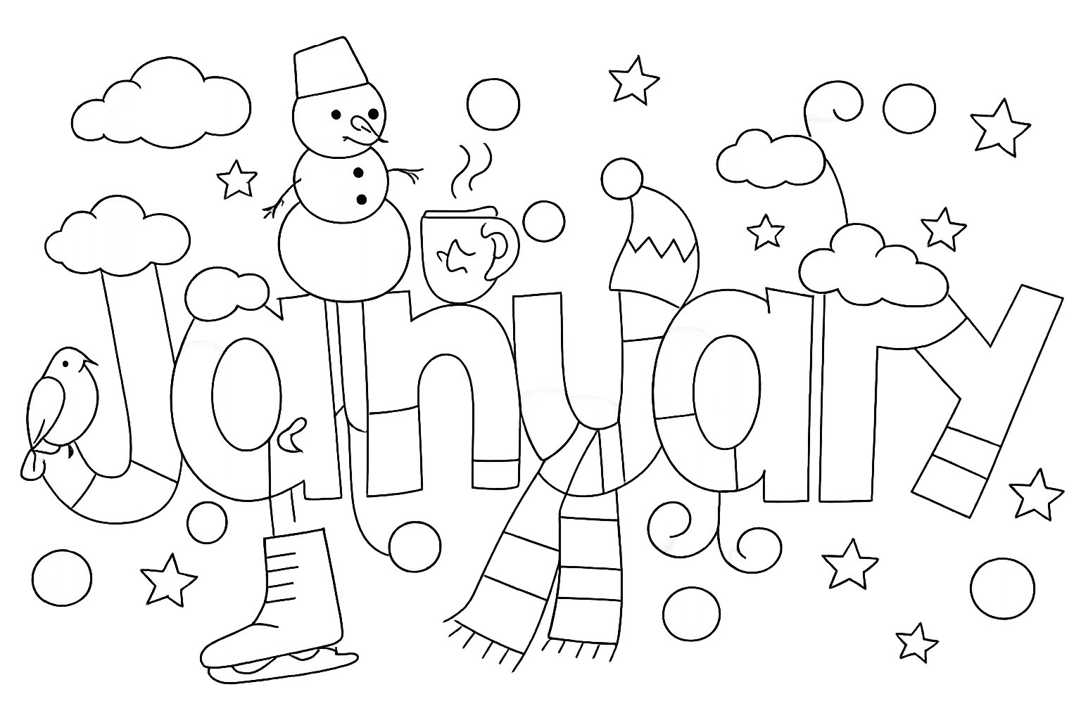 Januari kleurplaat - zwart-wit lijntekening