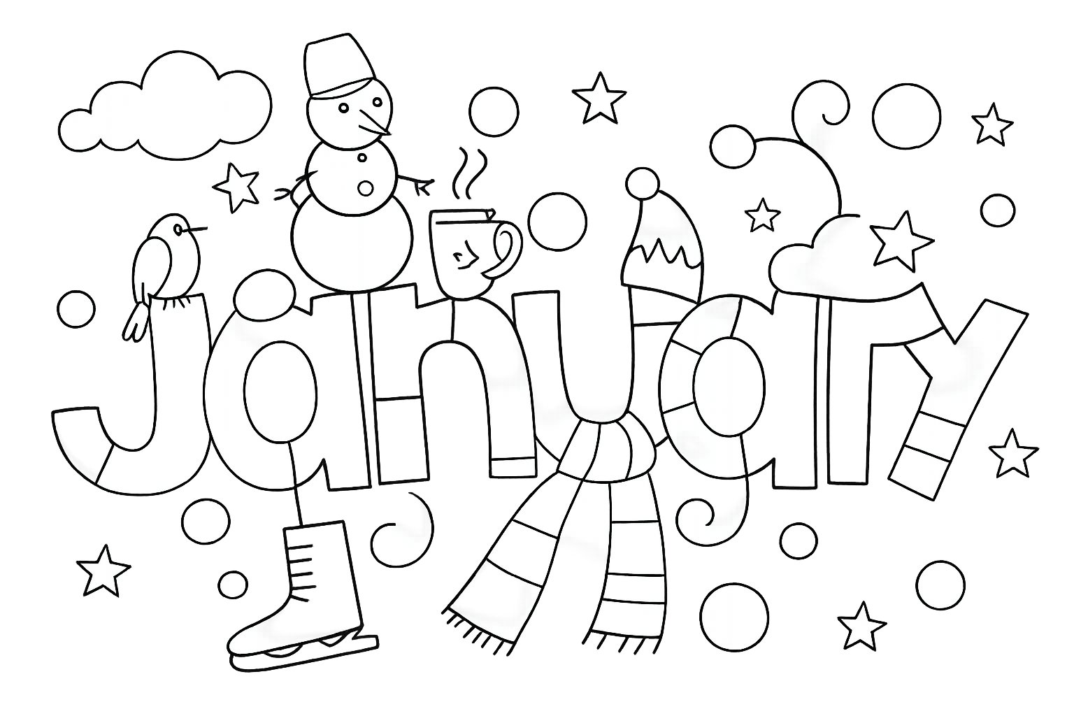 Januari kleurplaat - zwart-wit lijntekening