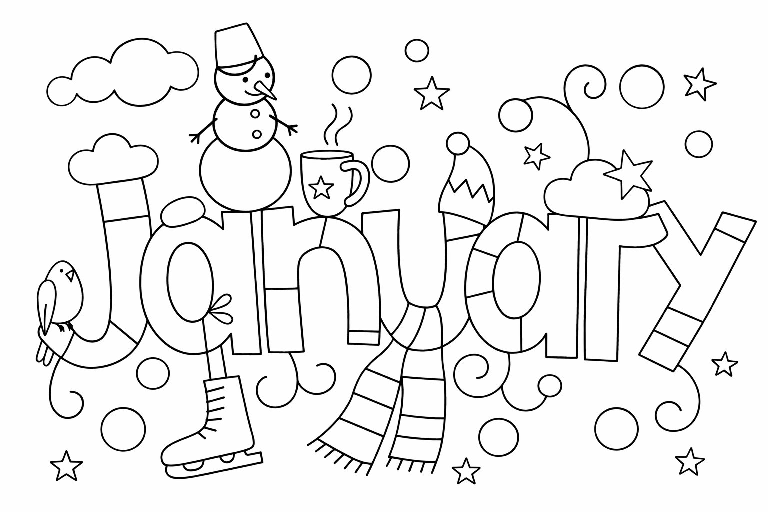 Januari kleurplaat - zwart-wit lijntekening