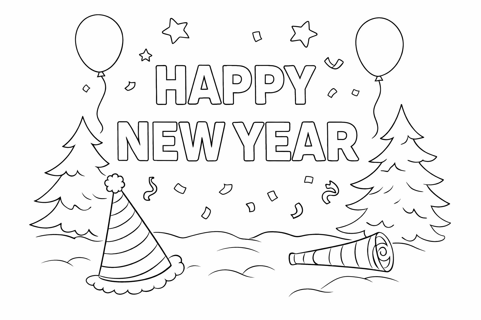 Happy New year kleurplaat - zwart-wit lijntekening