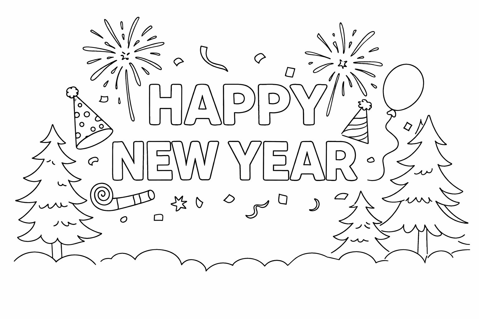 Happy New year kleurplaat - zwart-wit lijntekening