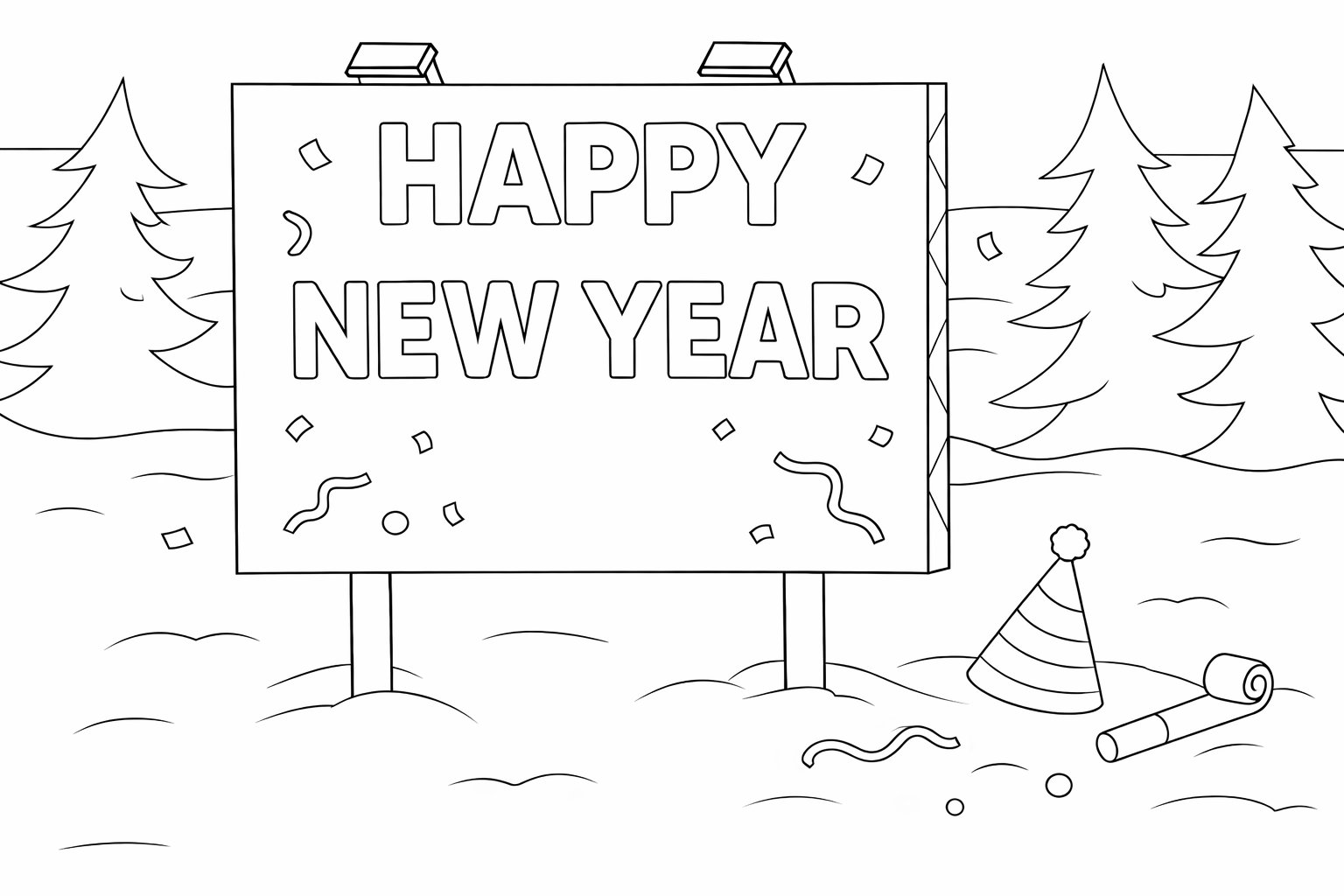 Happy New year kleurplaat - zwart-wit lijntekening