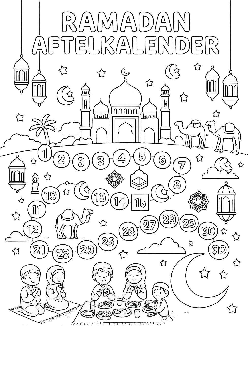 Ramadan kalender kleurplaat - zwart-wit lijntekening