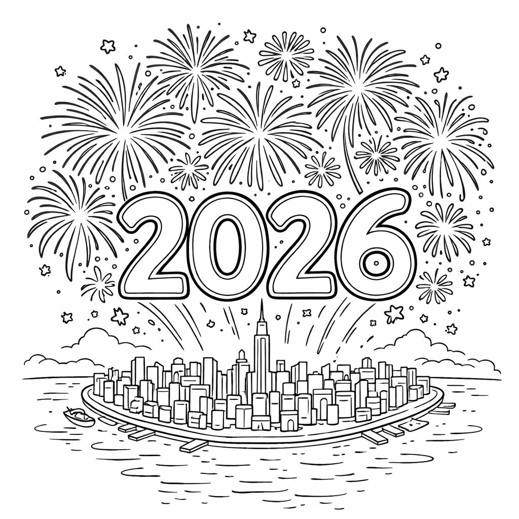 2026 vuurwerk kleurplaat - zwart-wit lijntekening