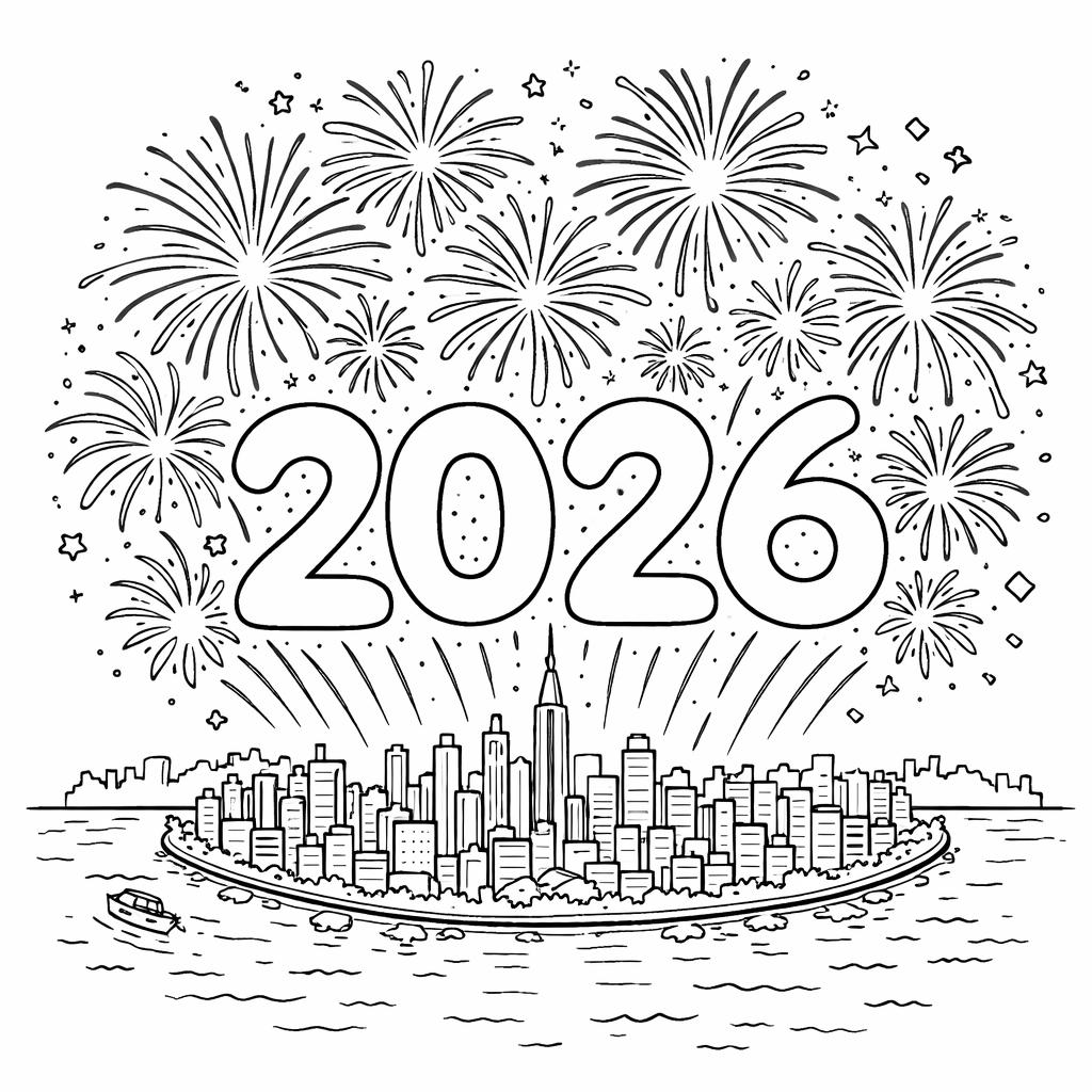 2026 vuurwerk kleurplaat - zwart-wit lijntekening