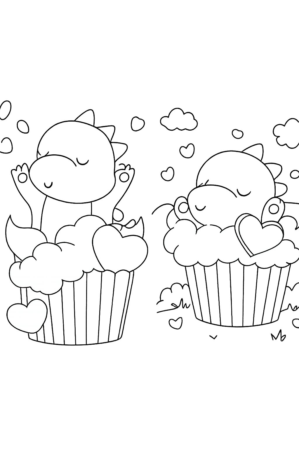 Cupcake Valentijnsdag kleurplaat - zwart-wit lijntekening