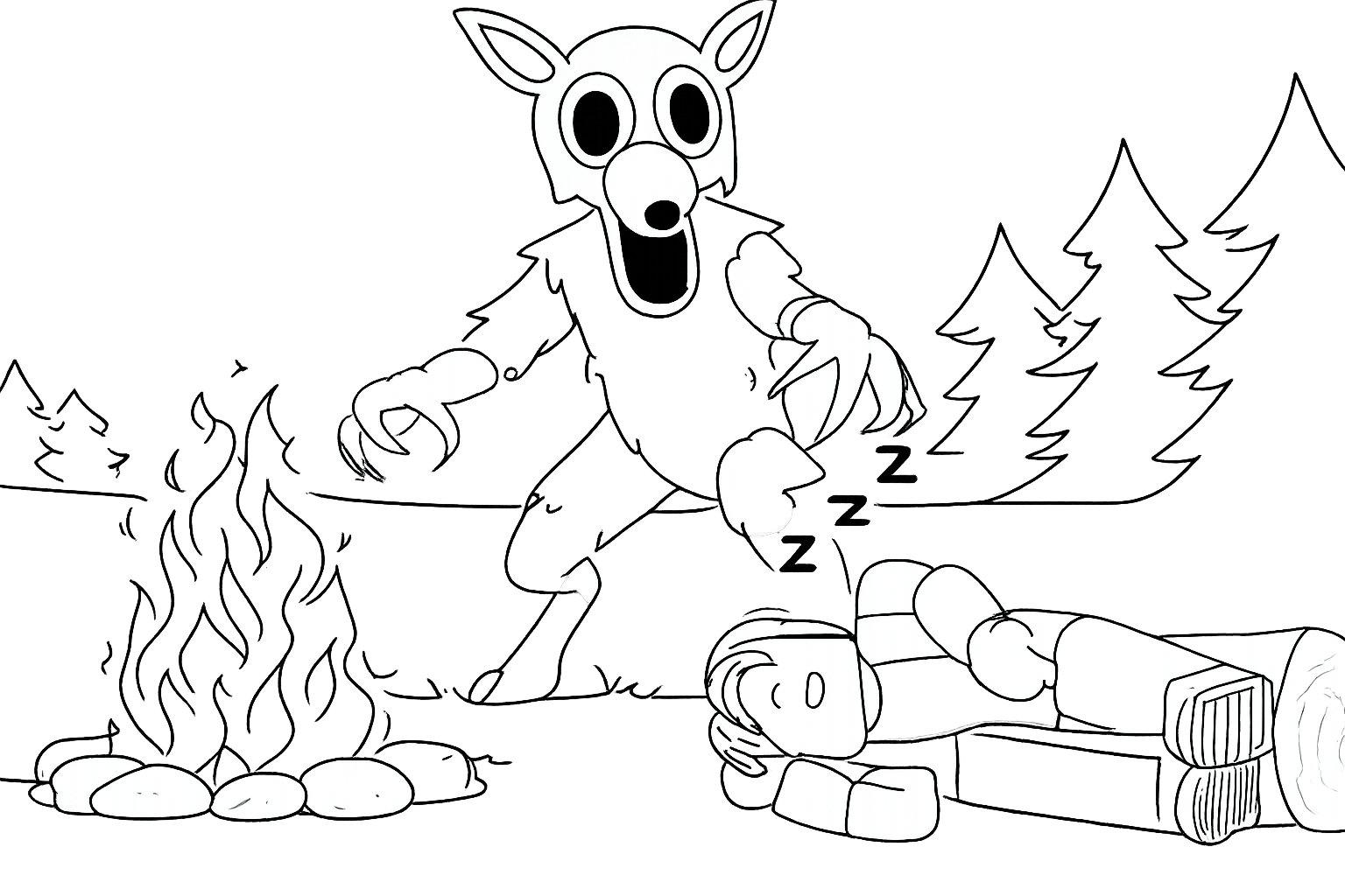 99 Nights in the Forest kleurplaat - zwart-wit lijntekening