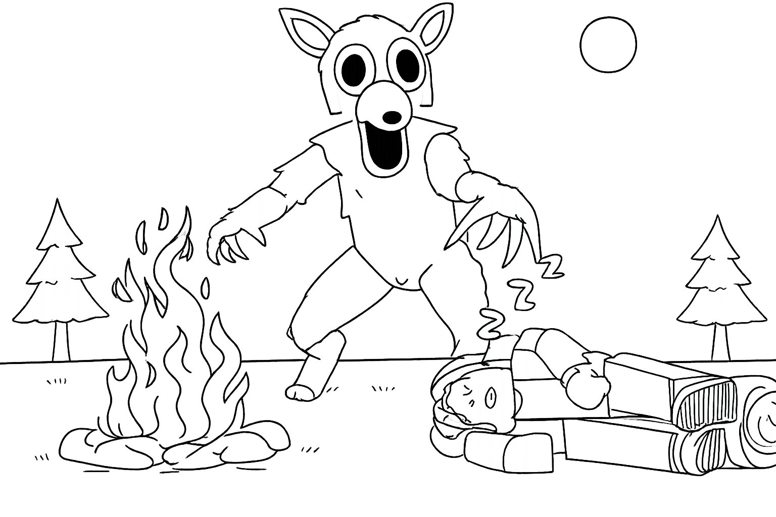 99 Nights in the Forest kleurplaat - zwart-wit lijntekening