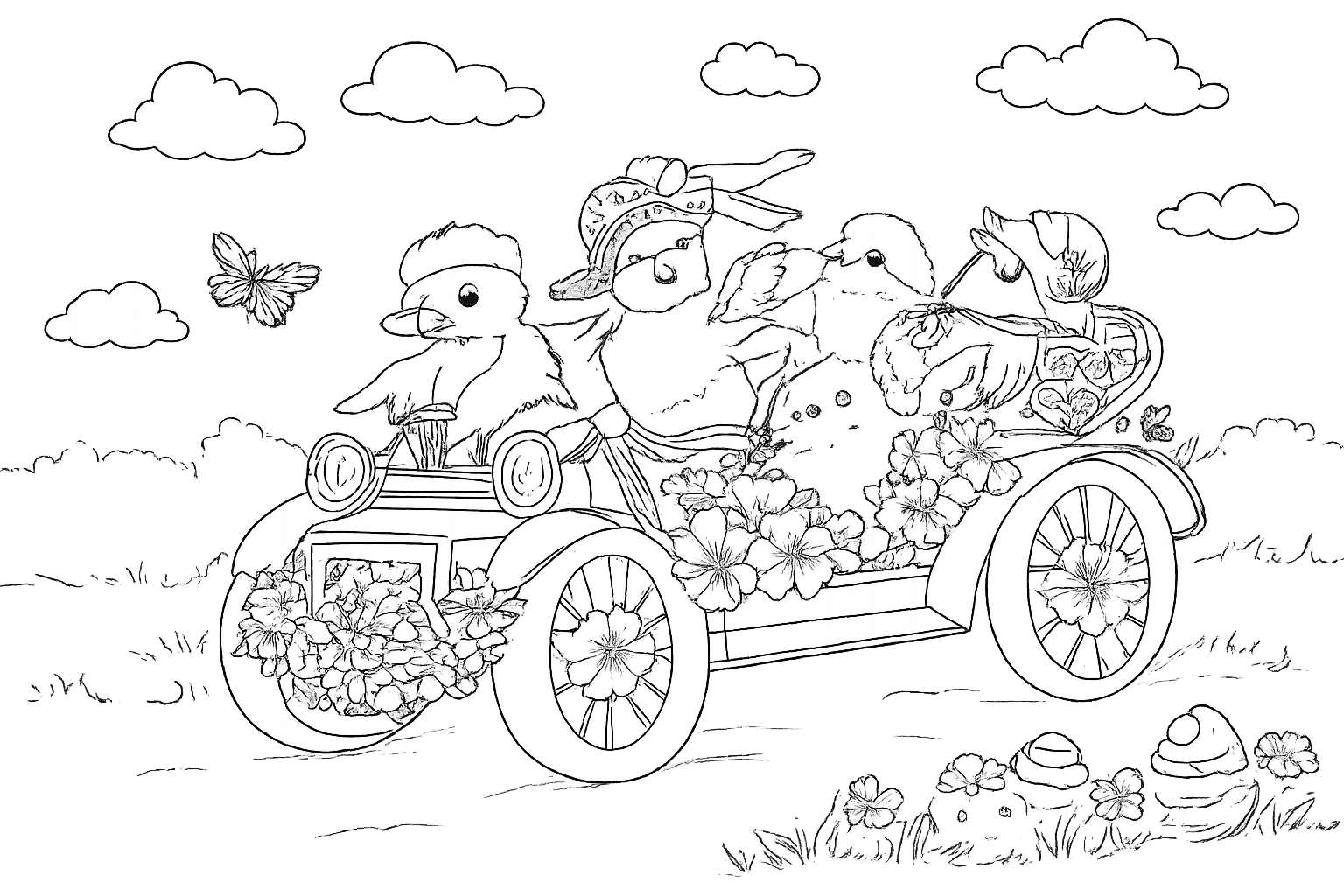 Pasen kuikens kleurplaat - zwart-wit lijntekening