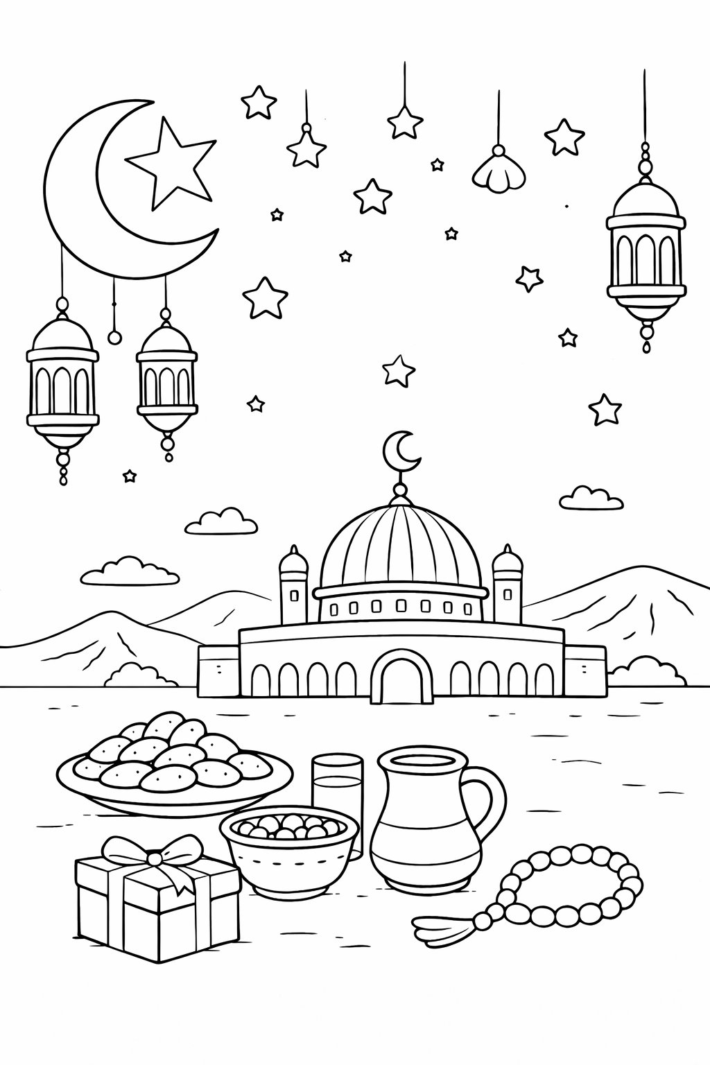 Ramadan Mubarak coloring page line art