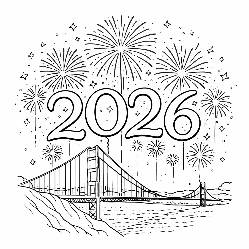 oud en nieuw 2026 kleurplaat - zwart-wit lijntekening