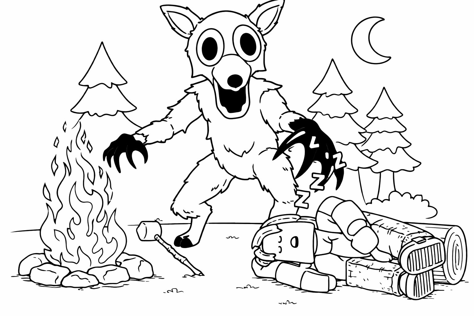 99 Nights in the Forest kleurplaat - zwart-wit lijntekening