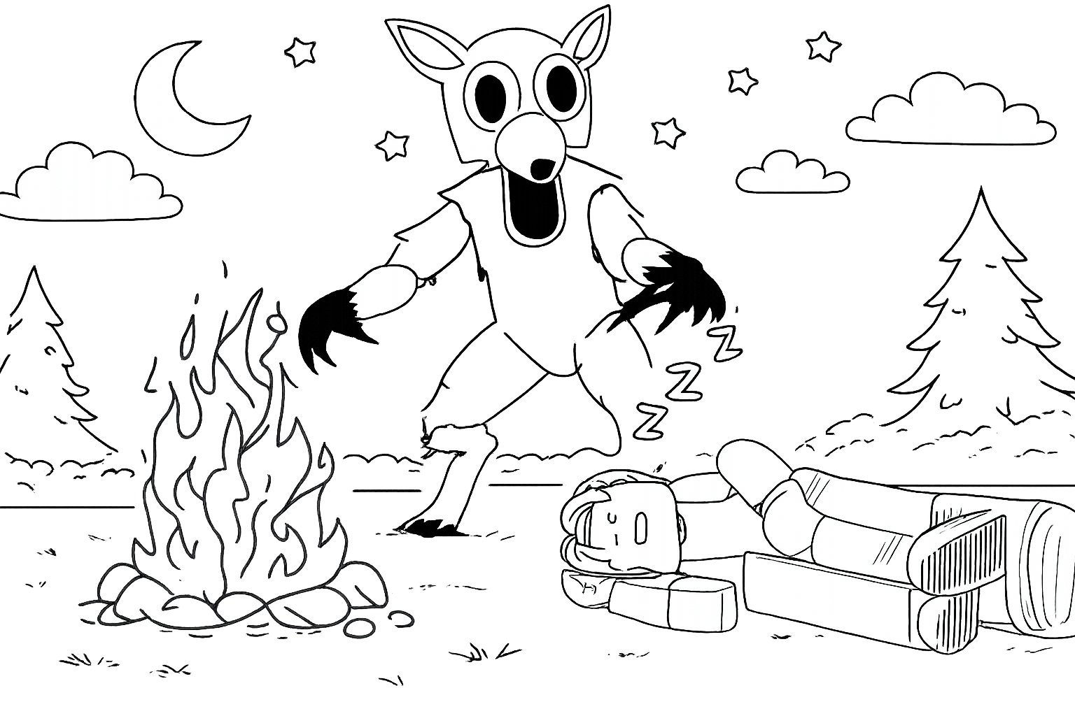 99 Nights in the Forest kleurplaat - zwart-wit lijntekening