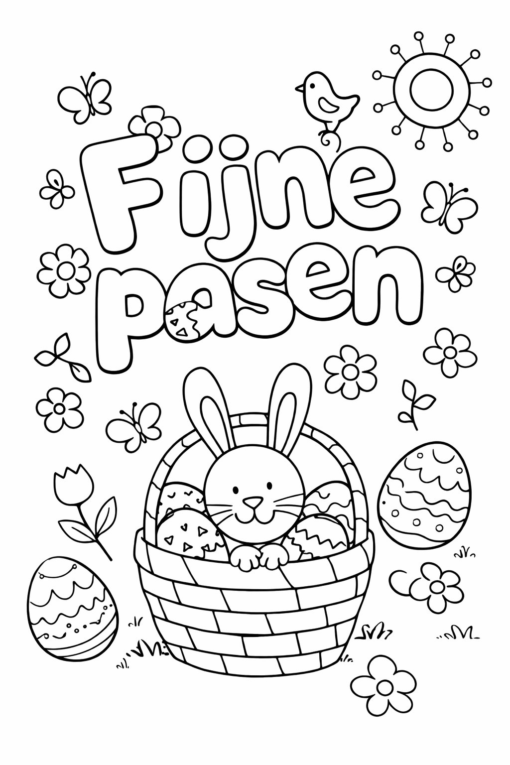 Fijne pasen kleurplaat - zwart-wit lijntekening