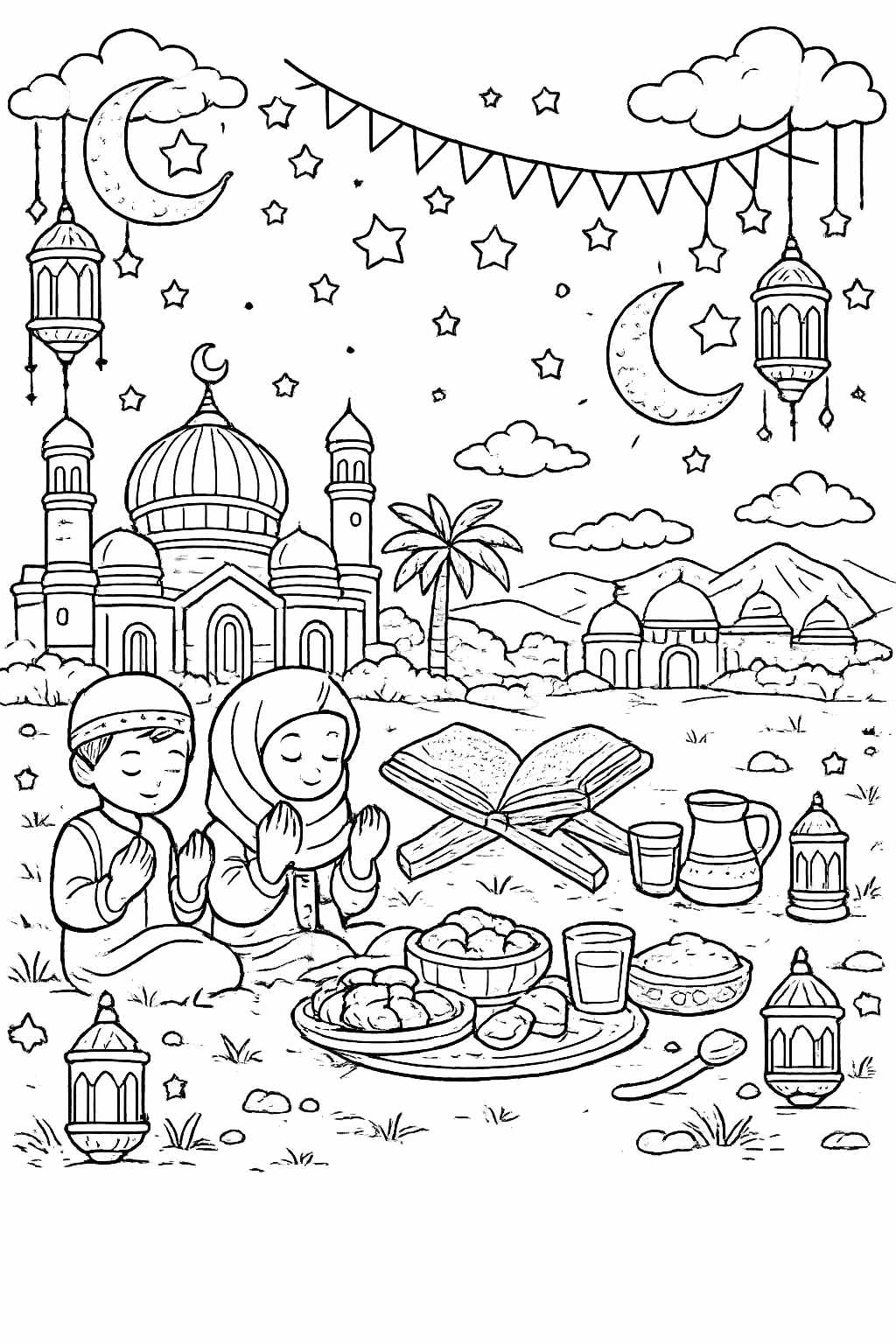 ramadan kleurplaat - zwart-wit lijntekening