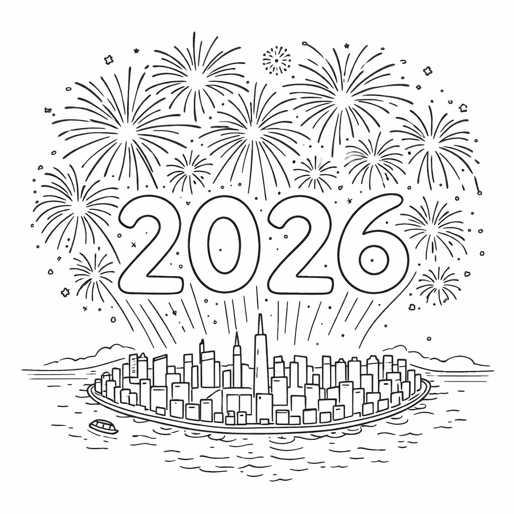 2026 vuurwerk kleurplaat - zwart-wit lijntekening