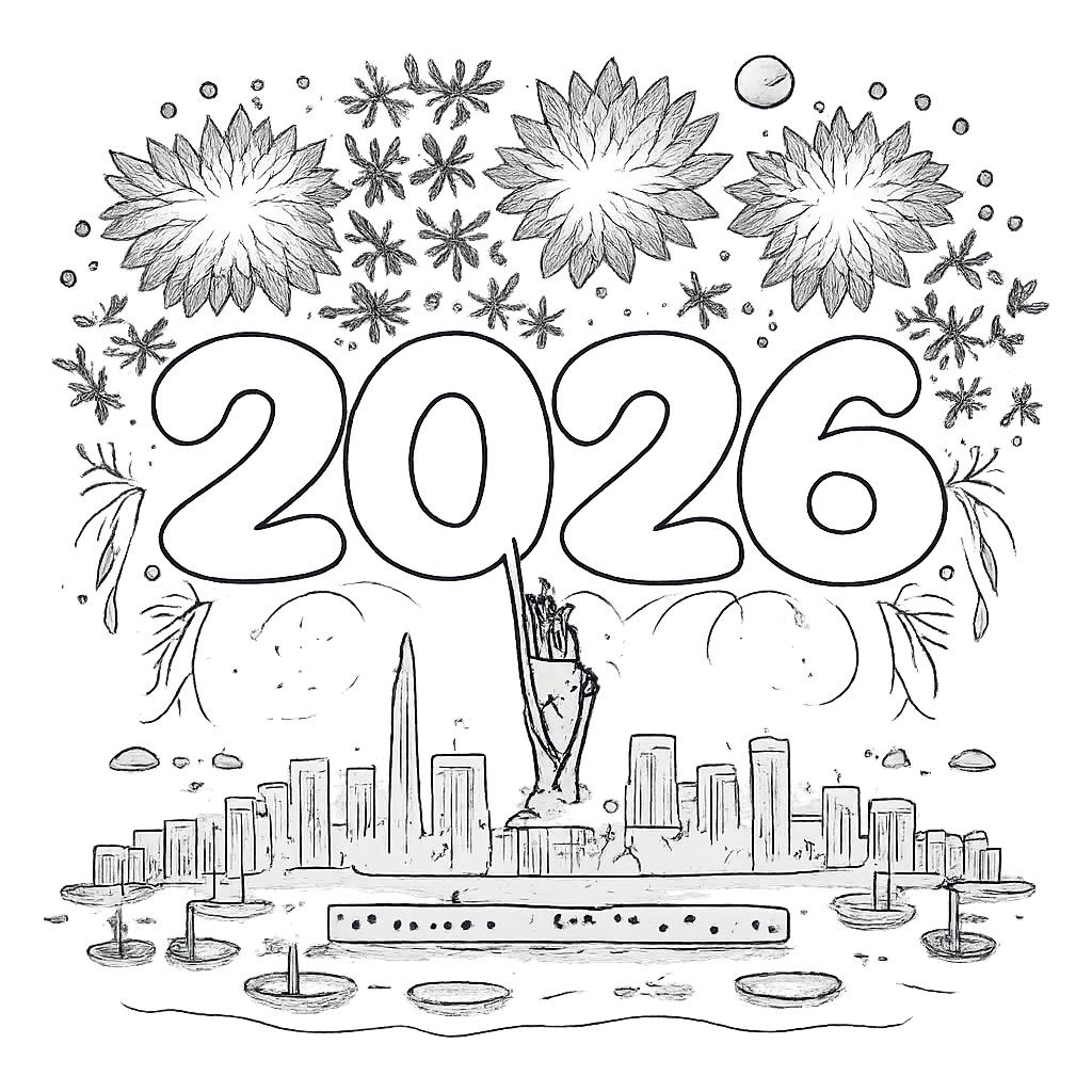 vuurwerk kleurplaat - zwart-wit lijntekening