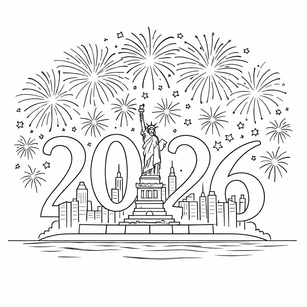 Happy new Year kleurplaat - zwart-wit lijntekening