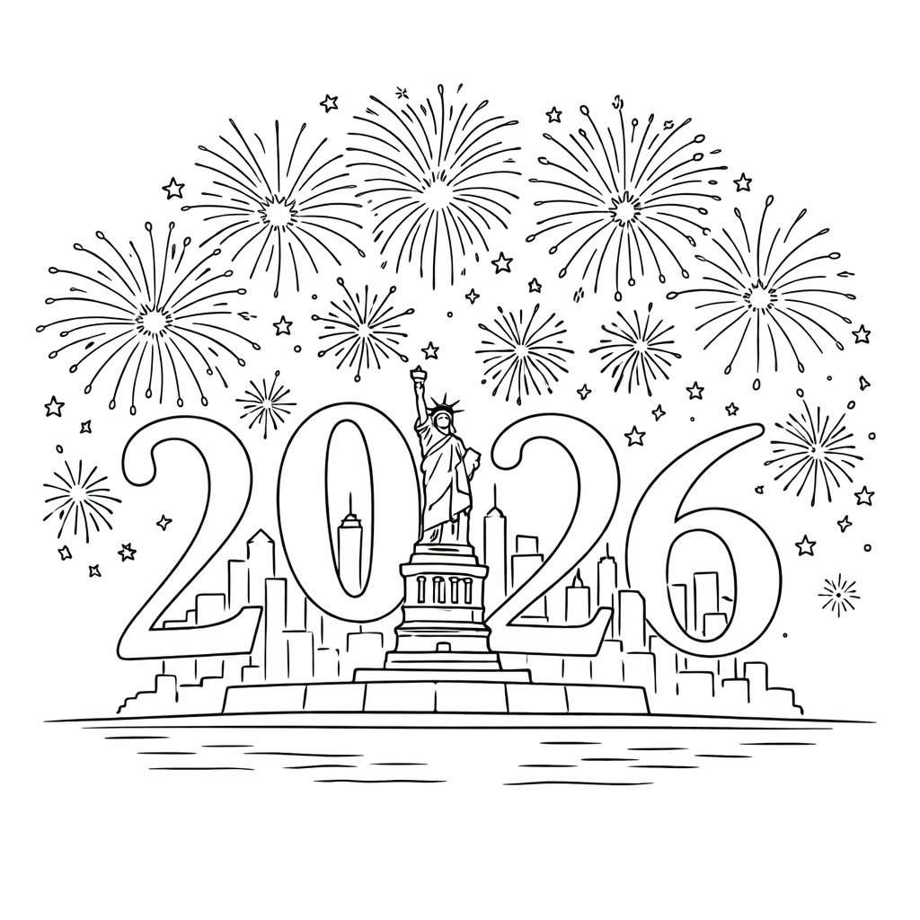 Happy new Year kleurplaat - zwart-wit lijntekening