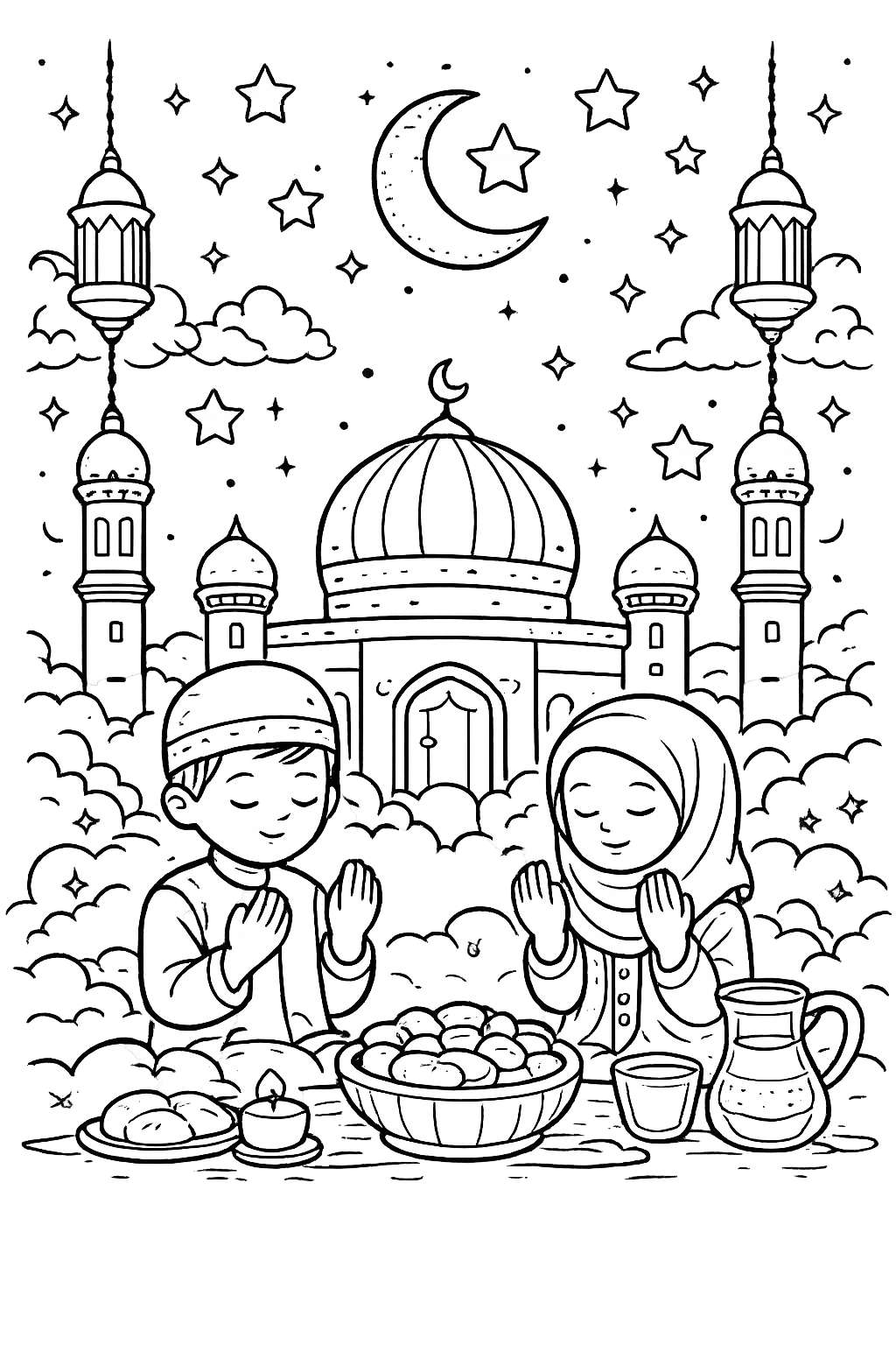 Ramadan kleurplaat - zwart-wit lijntekening