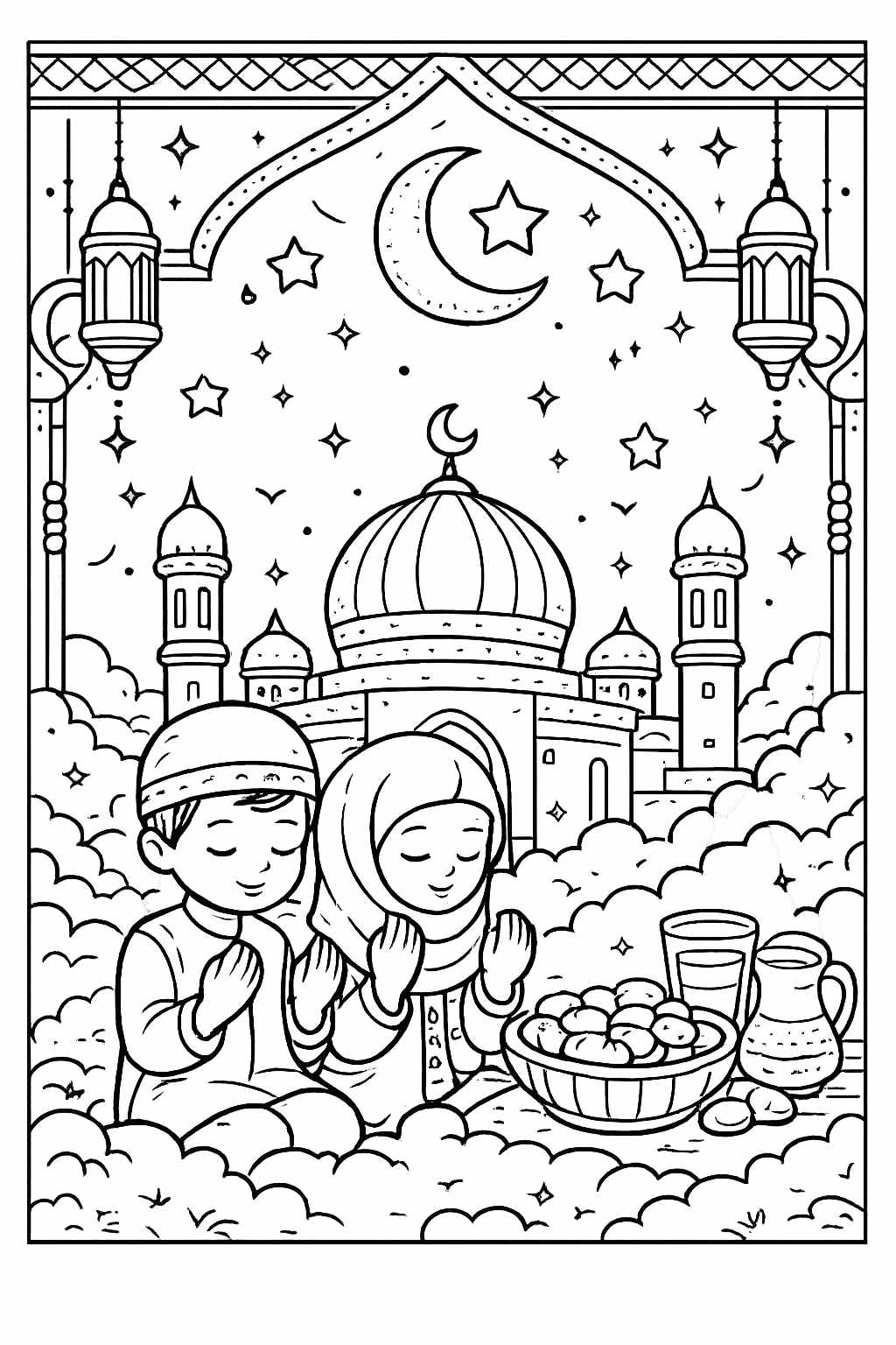 Ramadan kleurplaat - zwart-wit lijntekening