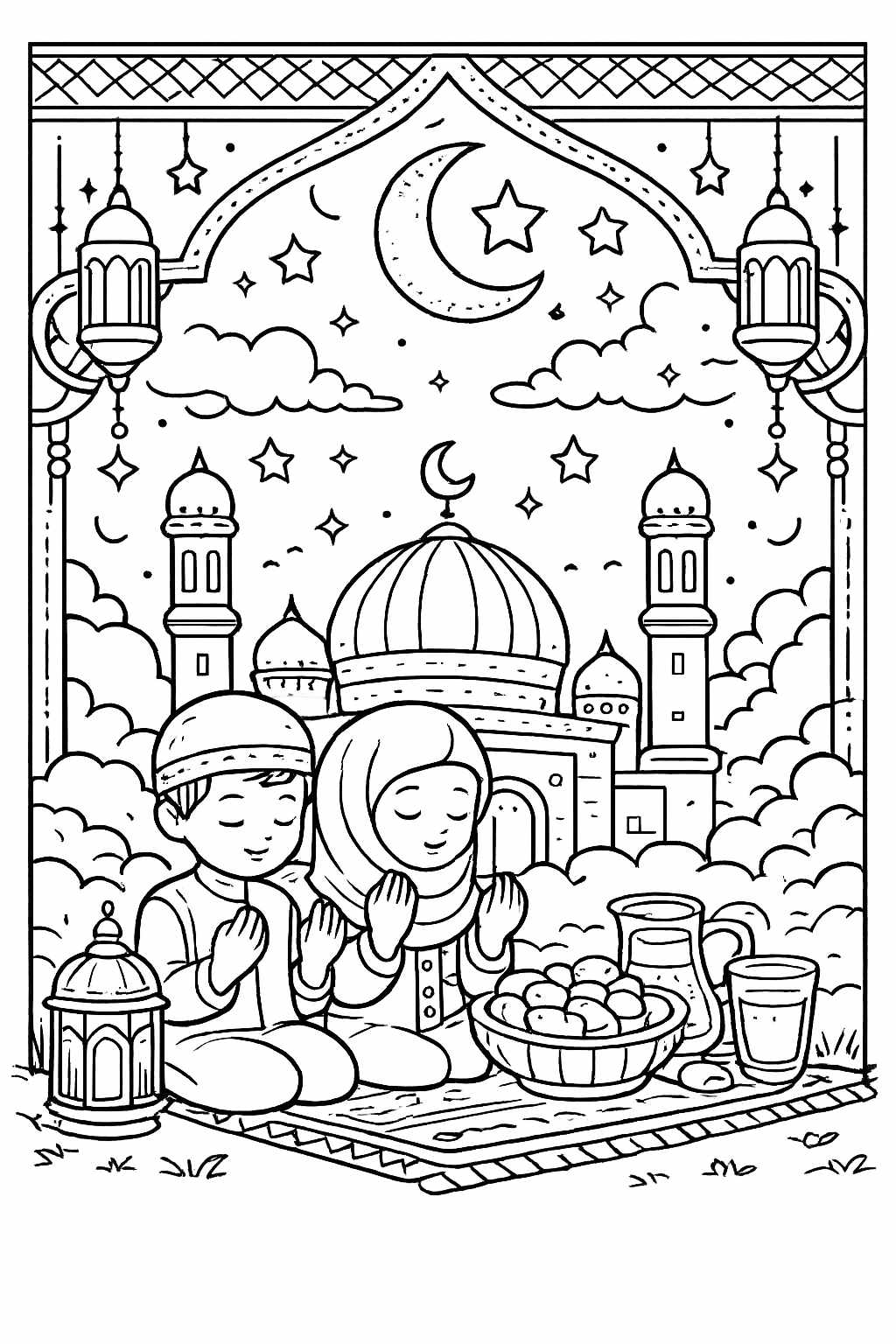 Ramadan kleurplaat - zwart-wit lijntekening