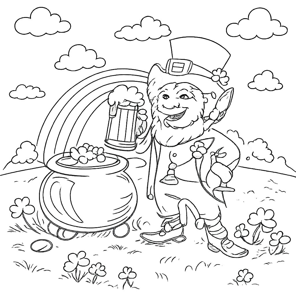 leprechaun kleurplaat - zwart-wit lijntekening