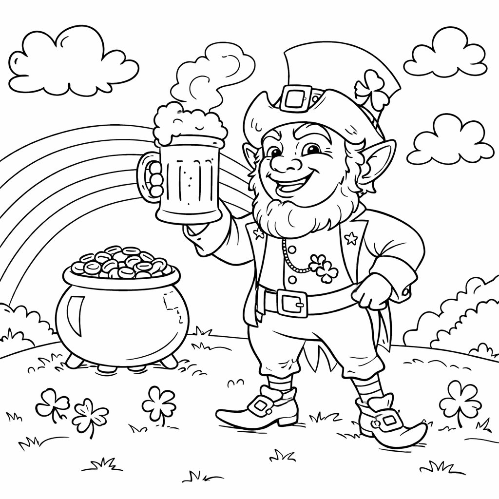 leprechaun kleurplaat - zwart-wit lijntekening