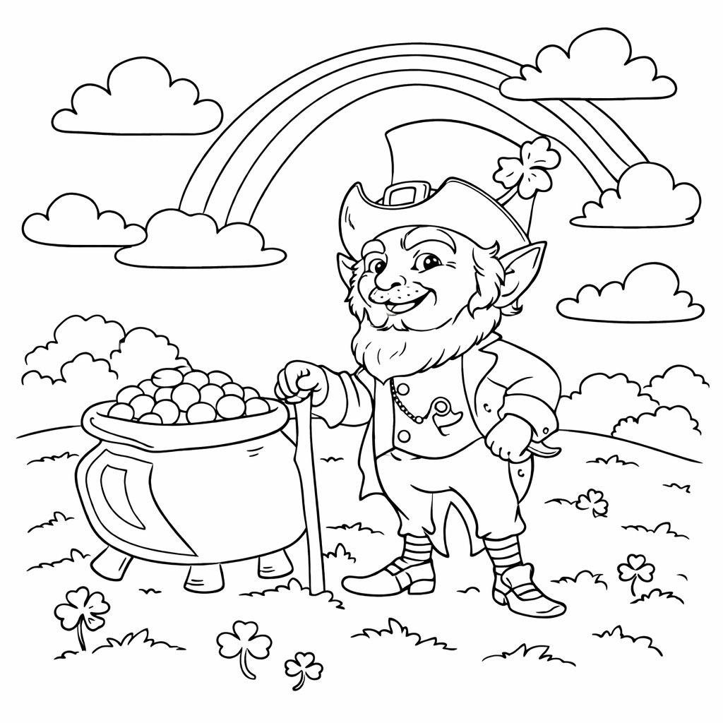 leprechaun kleurplaat - zwart-wit lijntekening