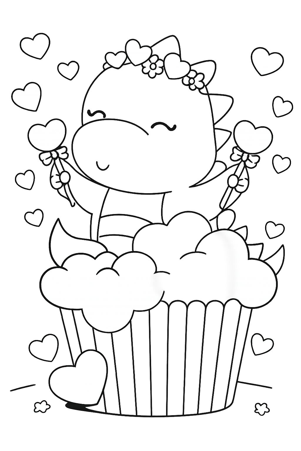 Cupcake Valentijnsdag kleurplaat - zwart-wit lijntekening
