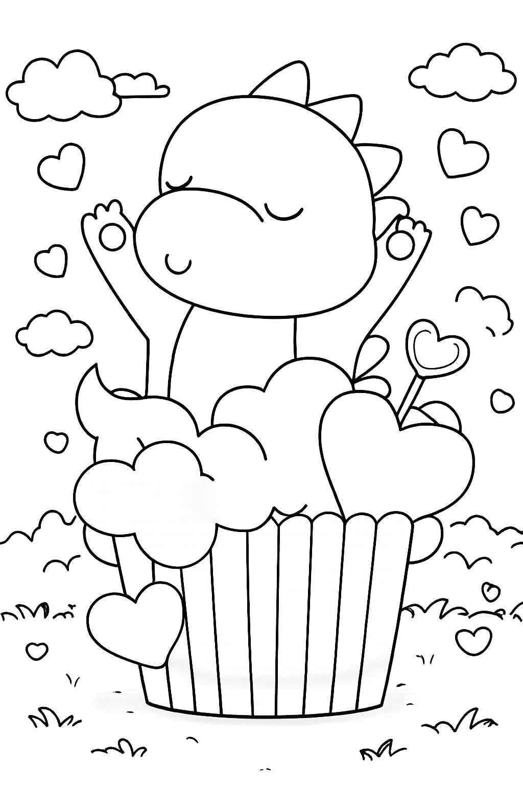 Cupcake Valentijnsdag kleurplaat - zwart-wit lijntekening