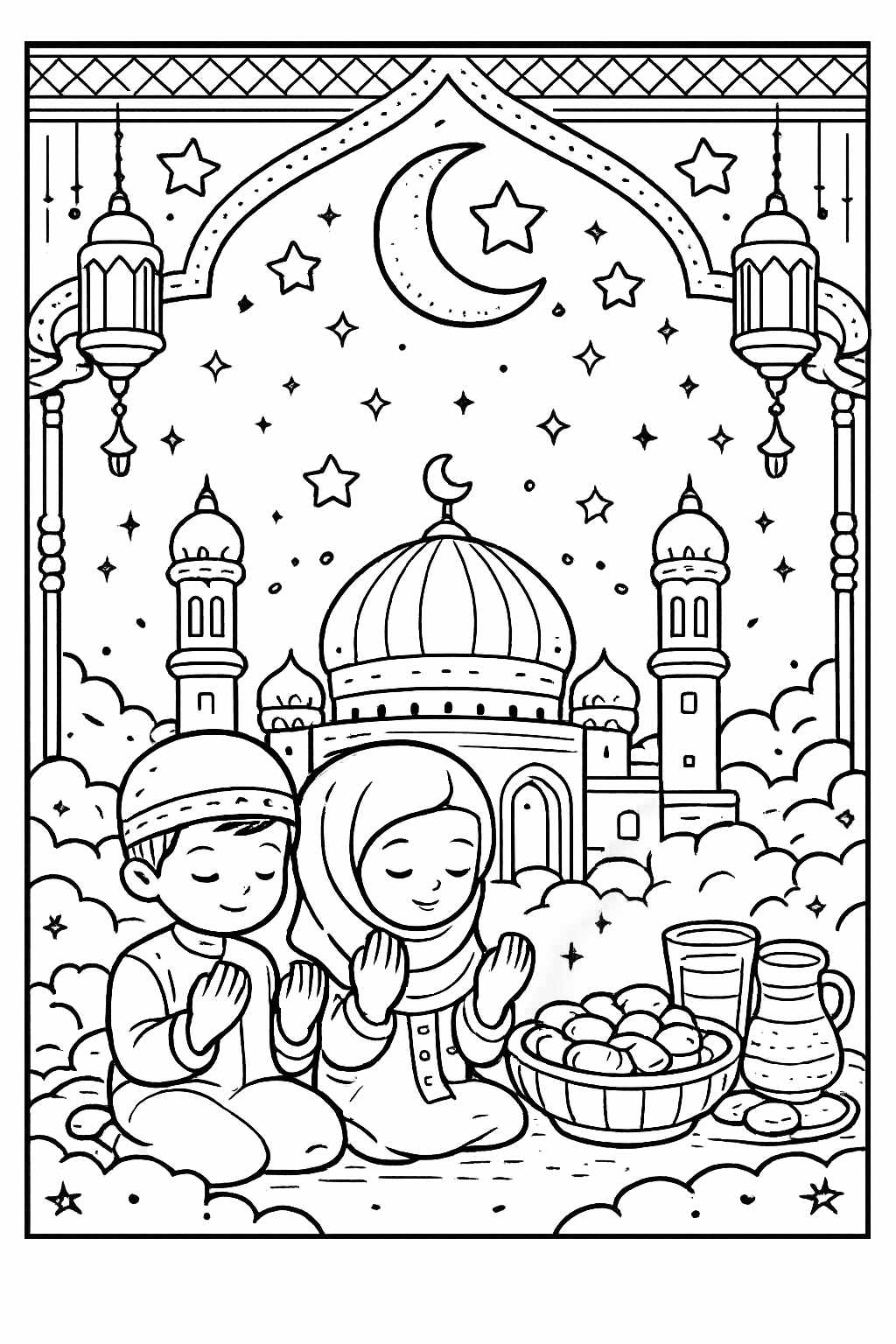 Ramadan kleurplaat - zwart-wit lijntekening