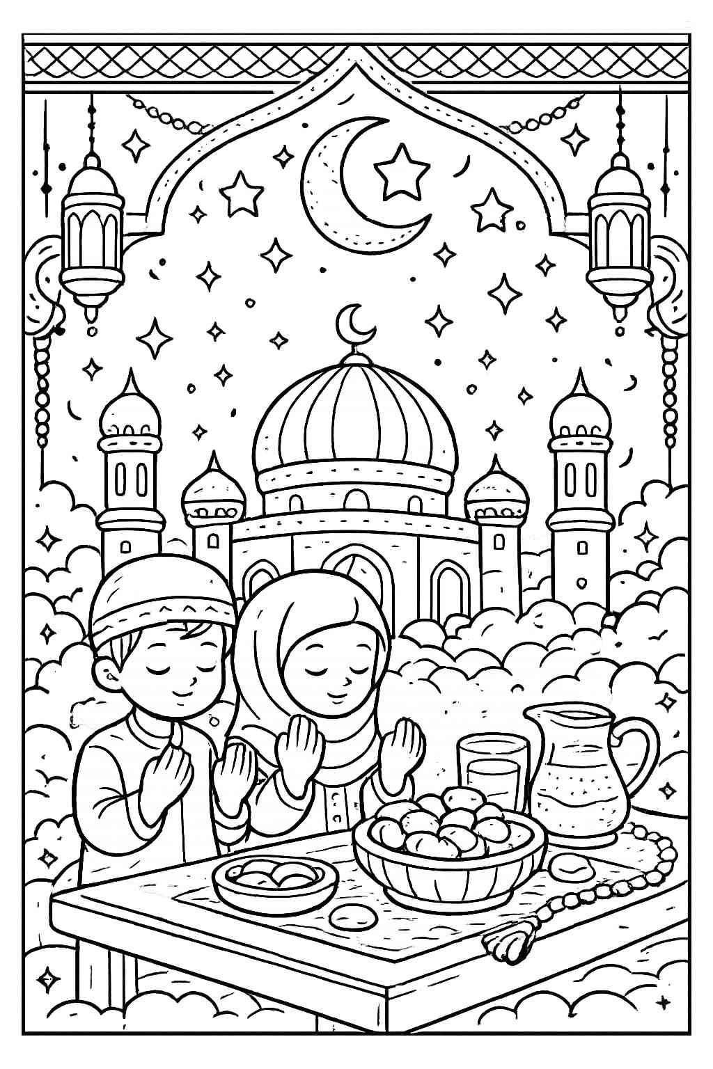 Ramadan kleurplaat - zwart-wit lijntekening
