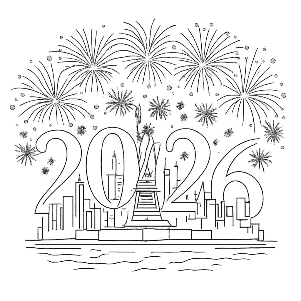 Gelukkig nieuwjaar kleurplaat - zwart-wit lijntekening