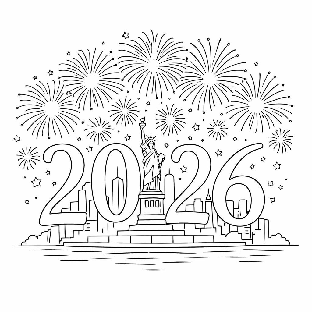 Gelukkig nieuwjaar kleurplaat - zwart-wit lijntekening