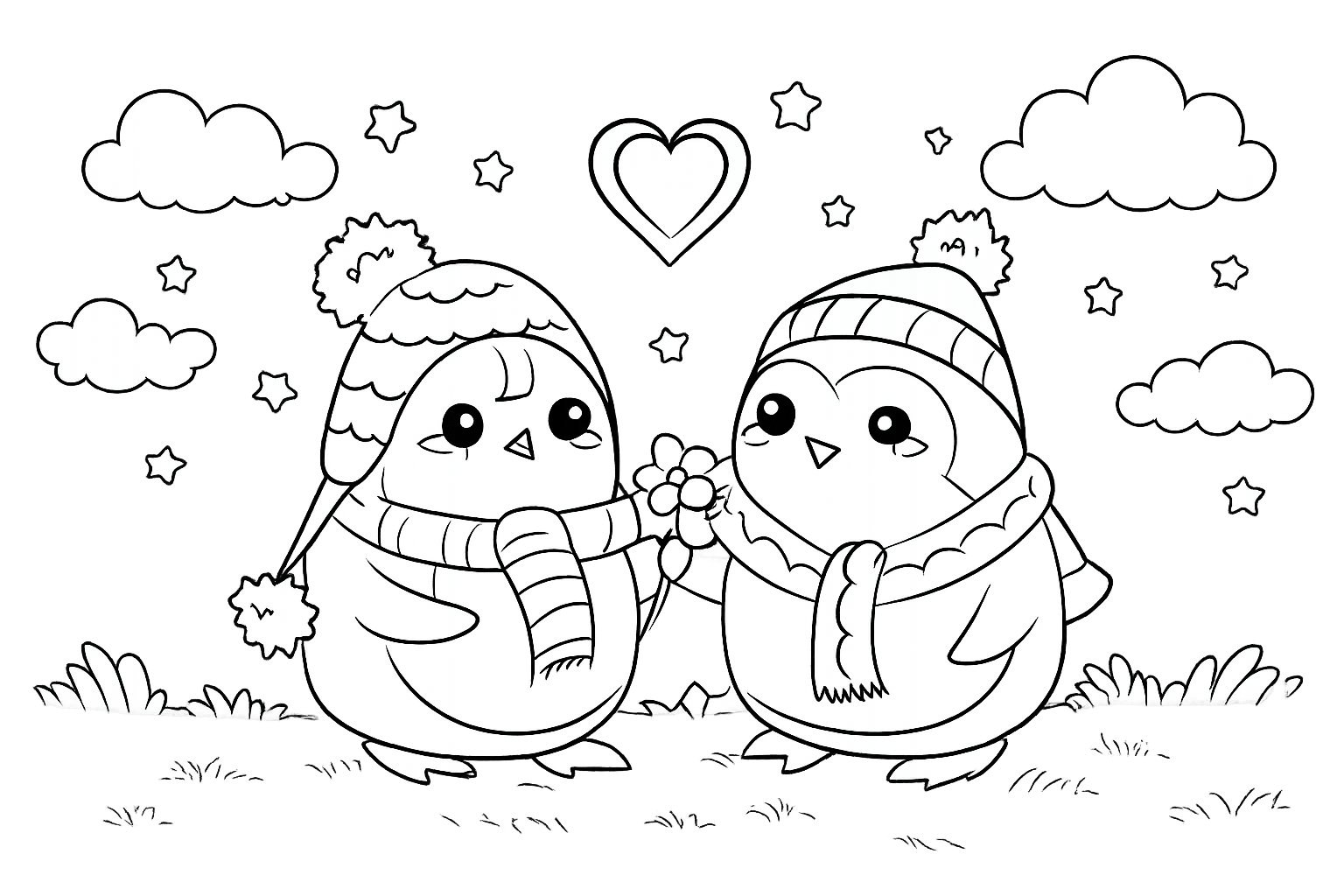 pinguin liefde koppel kleurplaat - zwart-wit lijntekening