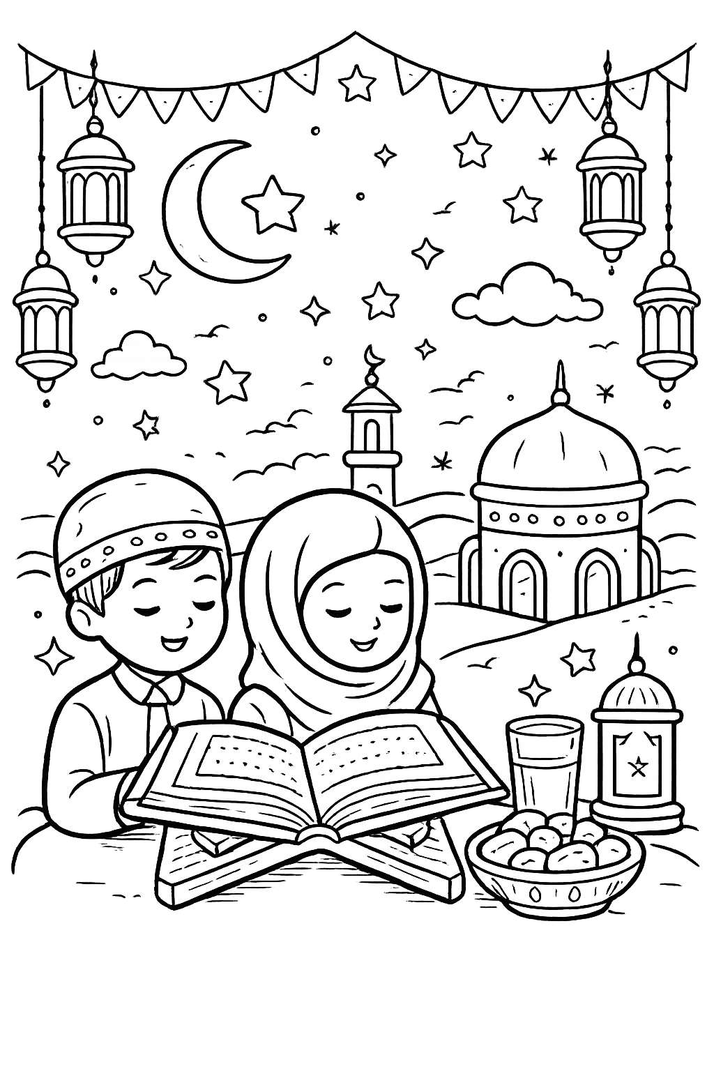 Ramadan kleurplaat - zwart-wit lijntekening
