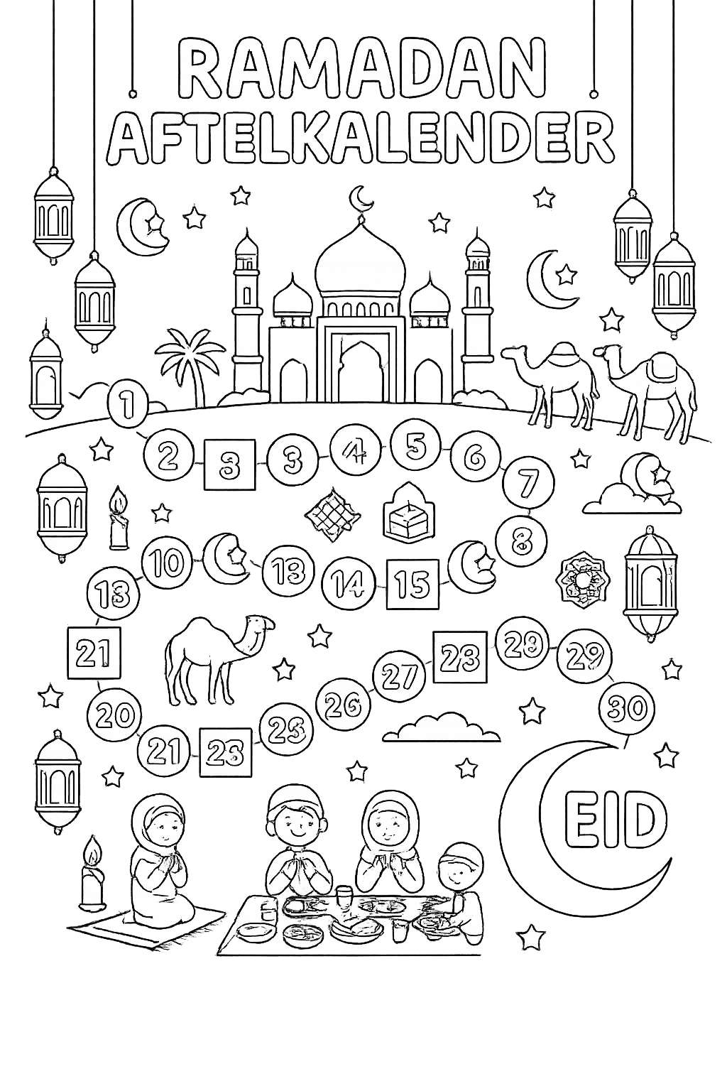 Ramadan kalender kleurplaat - zwart-wit lijntekening