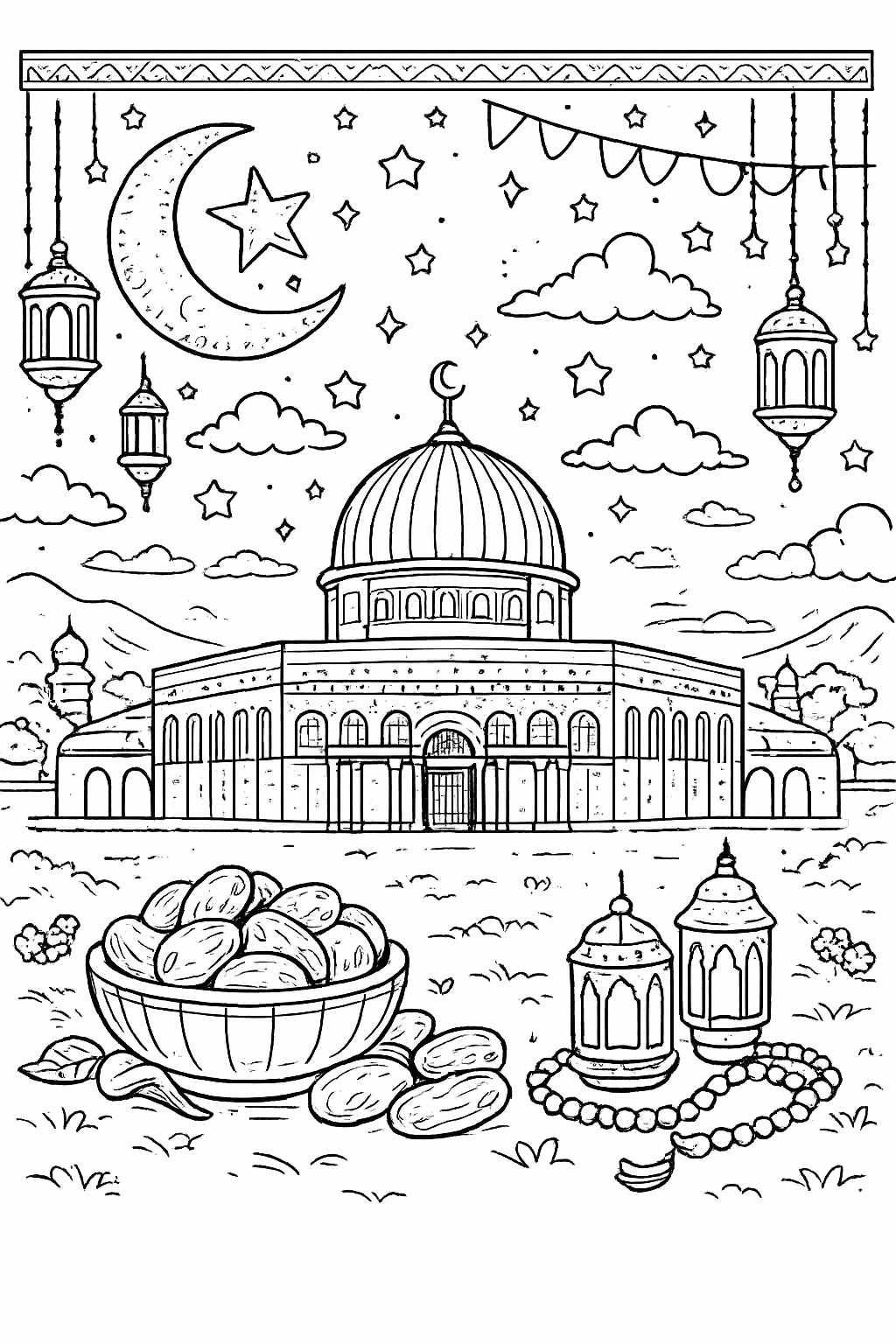 Ramadan kleurplaat - zwart-wit lijntekening