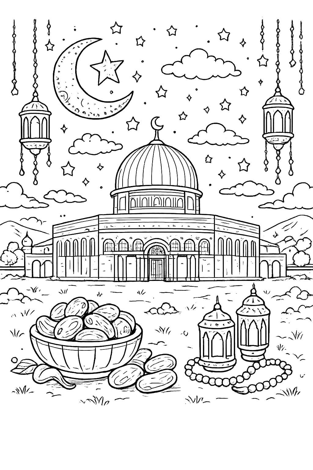 Ramadan kleurplaat - zwart-wit lijntekening