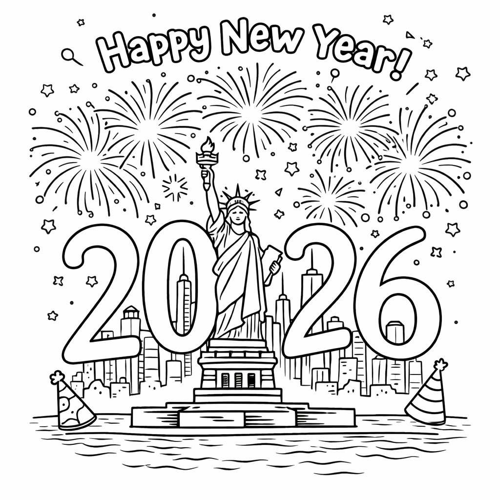 Happy new Year kleurplaat - zwart-wit lijntekening