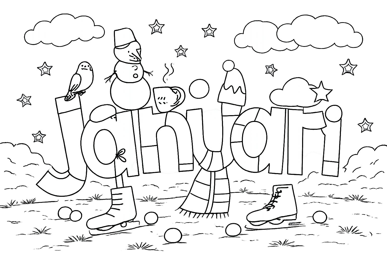 Januari kleurplaat - zwart-wit lijntekening