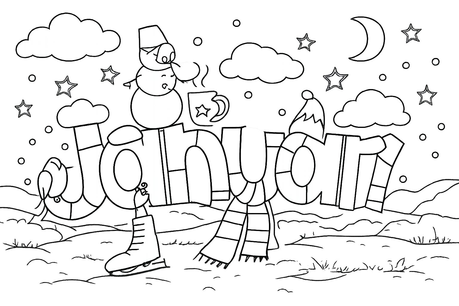 Januari kleurplaat - zwart-wit lijntekening