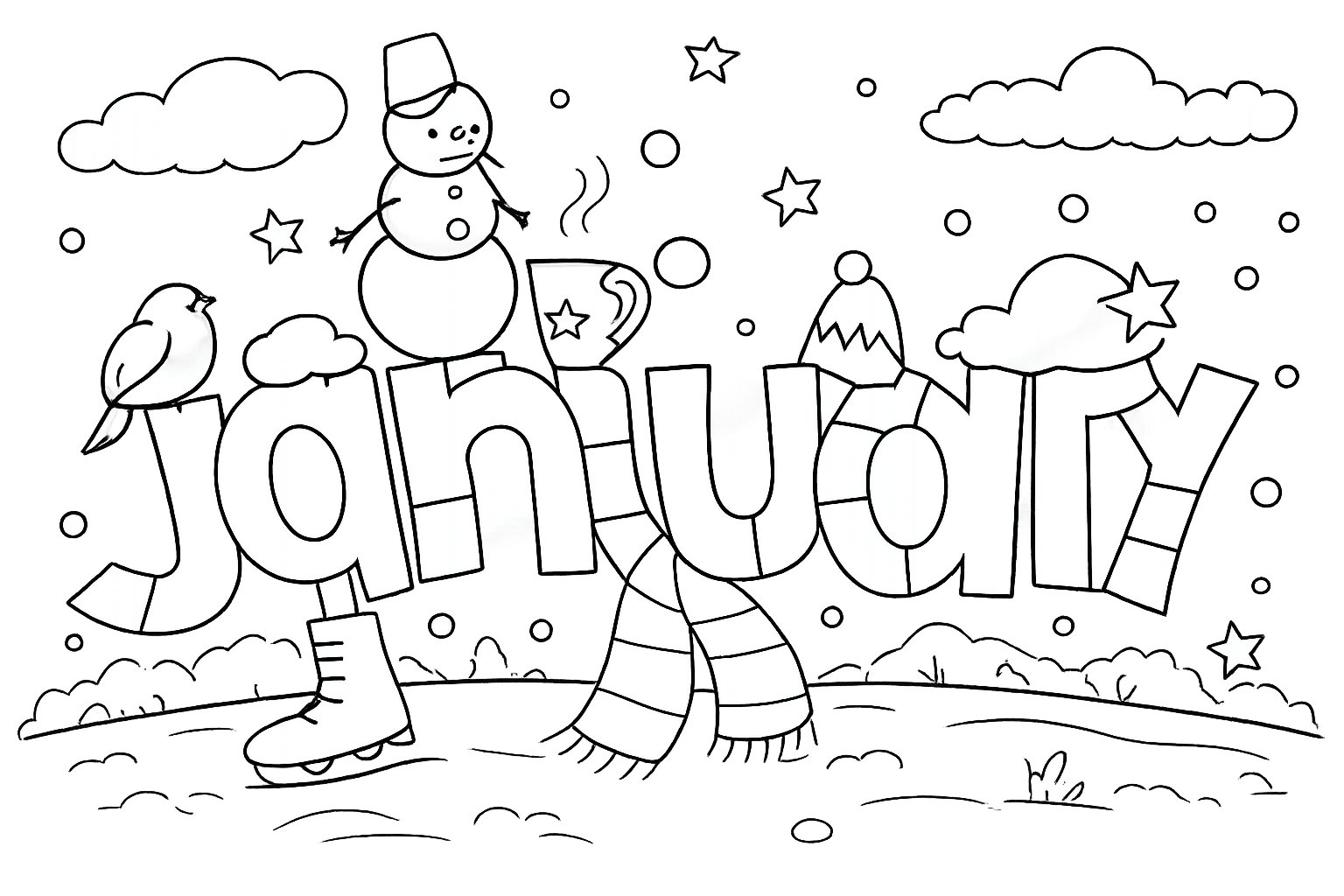 Januari kleurplaat - zwart-wit lijntekening