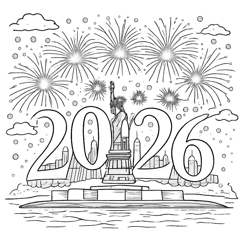 Happy new Year kleurplaat - zwart-wit lijntekening