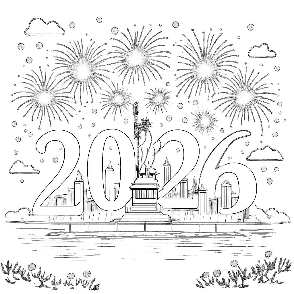 Happy new Year kleurplaat - zwart-wit lijntekening