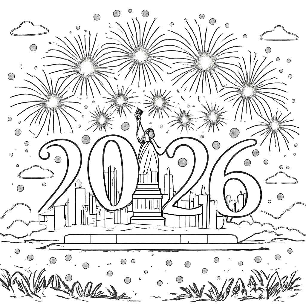 Happy new Year kleurplaat - zwart-wit lijntekening