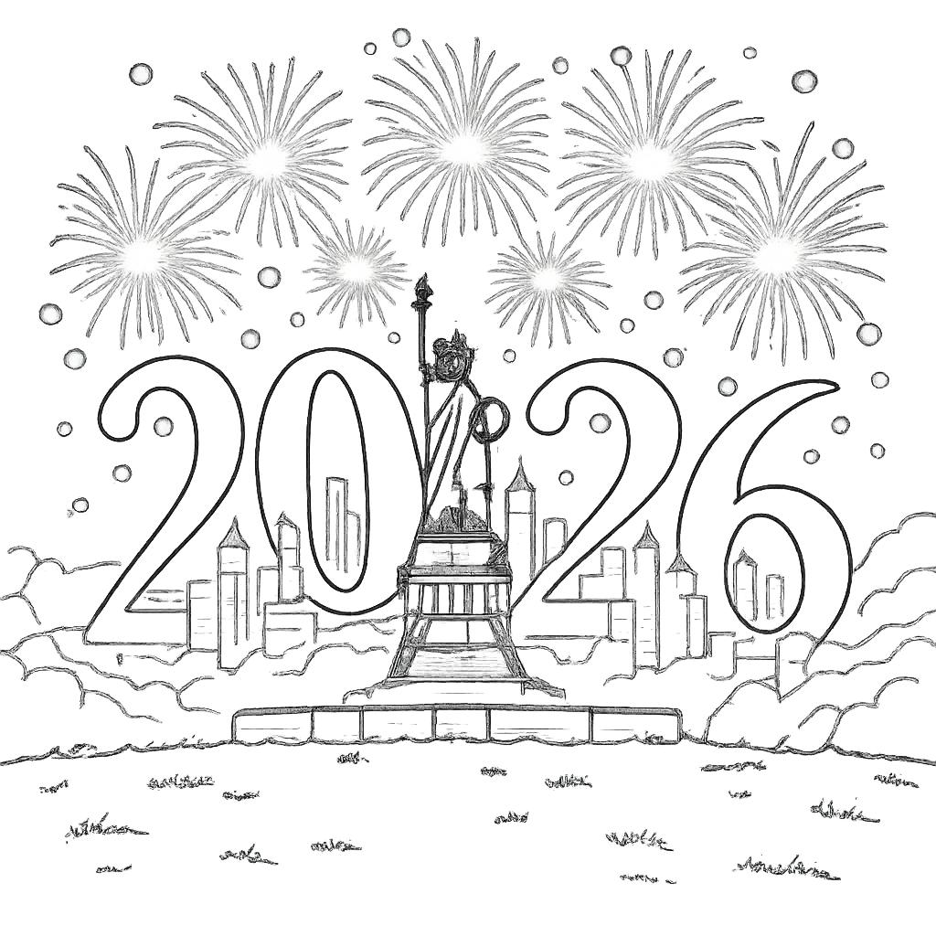 Gelukkig nieuwjaar kleurplaat - zwart-wit lijntekening