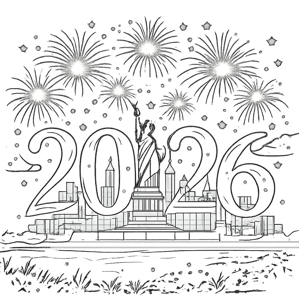 Gelukkig nieuwjaar kleurplaat - zwart-wit lijntekening