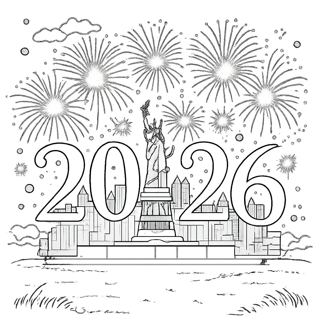 Gelukkig nieuwjaar kleurplaat - zwart-wit lijntekening